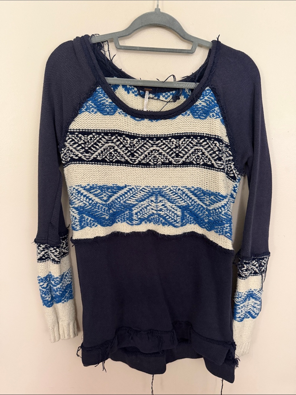 Free People Navy, Blue & Cream Patterned Pullover Sweater